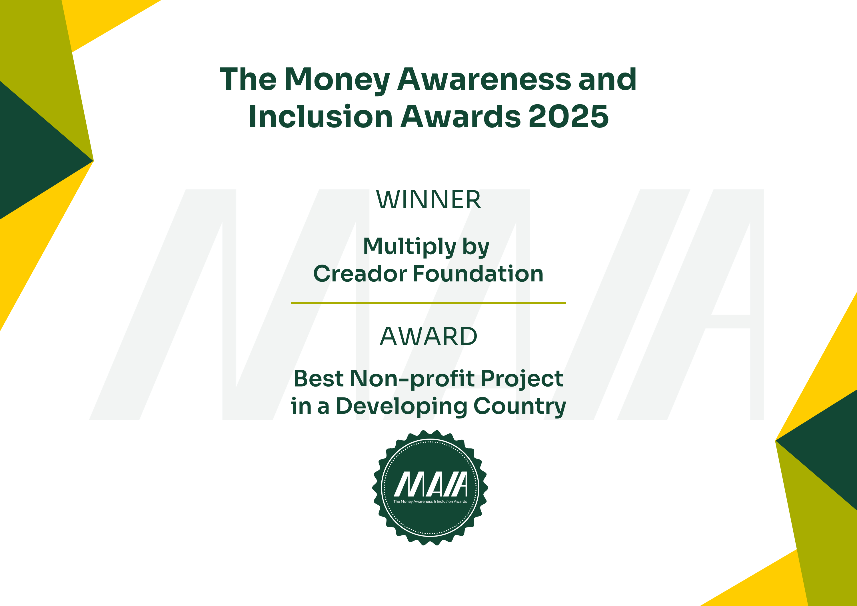 MAIA 2025 award — Best Non-Profit Project in a Developing Country, won by Multiply by Creador Foundation